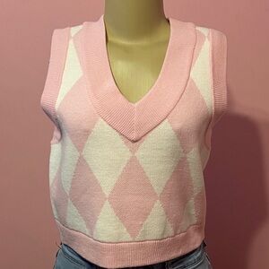 Pink and White Argyle Knit Vest